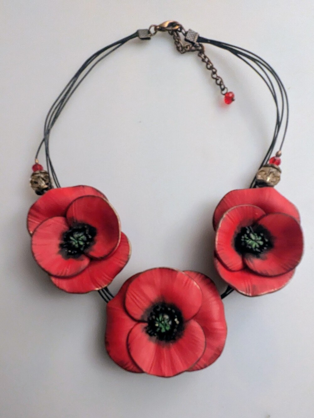 Red Poppies Beaded Leather Necklace. 8" Long